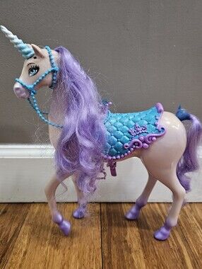 Barbie Mattel 2011 Purple Unicorn Horse Toy with Blue Glitter Saddle & Bridle